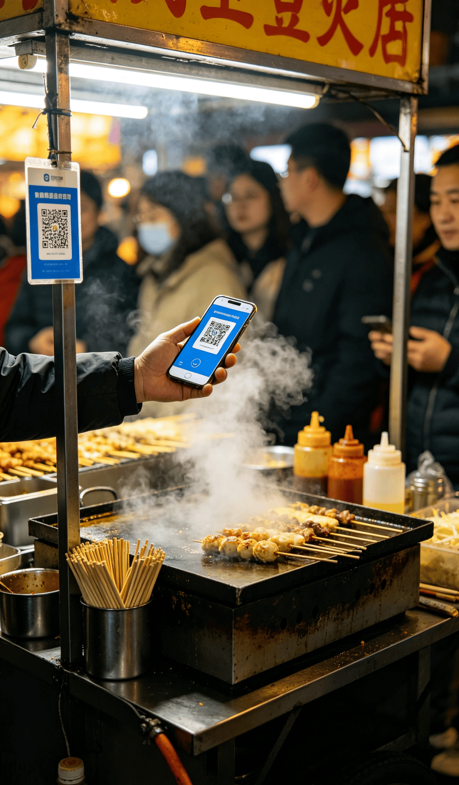 Foreign traveler at a Chinese street corner holding cash — the moment you realize you need both a phone and some paper money to get by