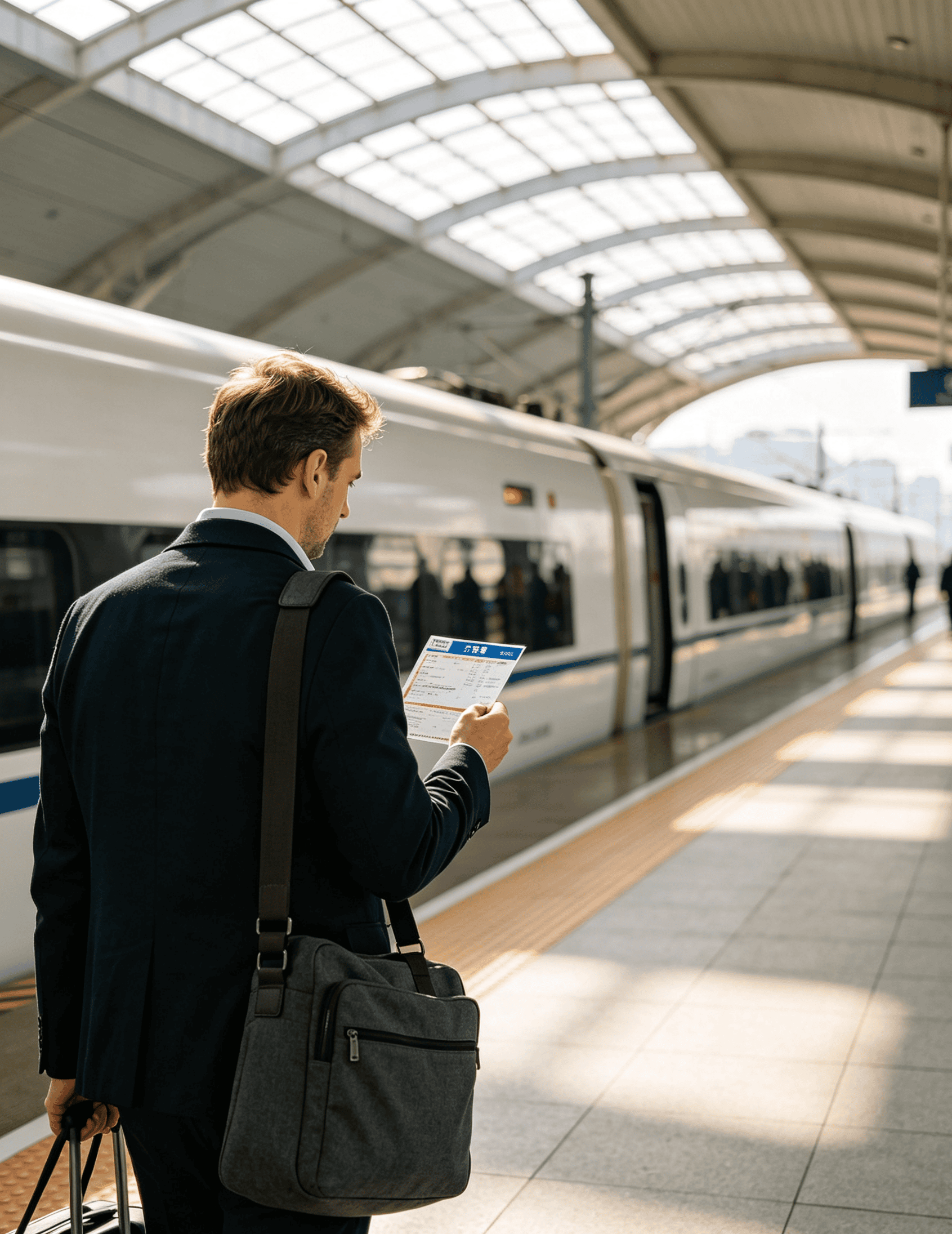 Foreign traveler standing on a China high-speed train platform, holding a printed itinerary, looking prepared and calm