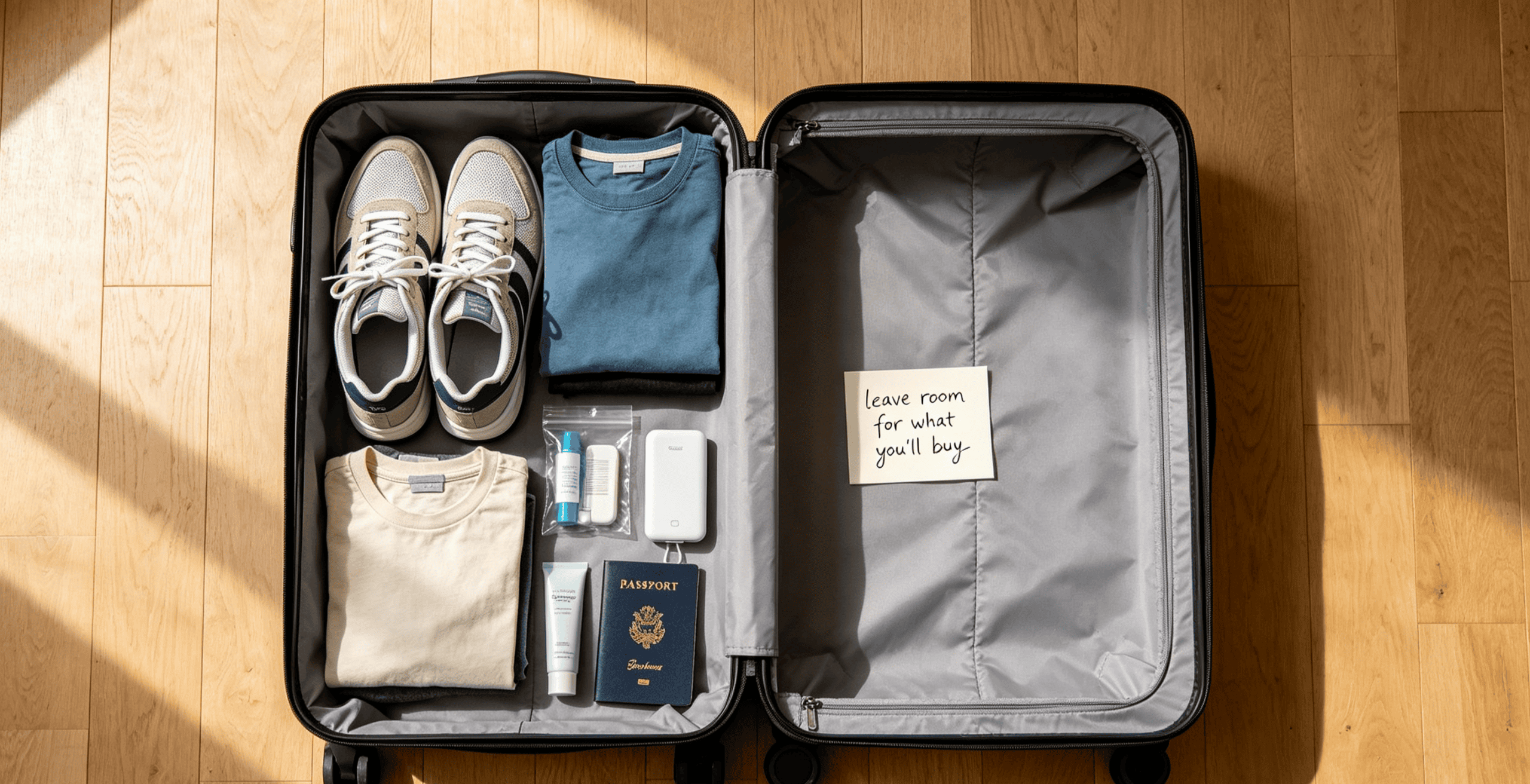 Half-empty suitcase with essentials — sneakers, two t-shirts, toiletries, power bank, passport — leaving room for shopping