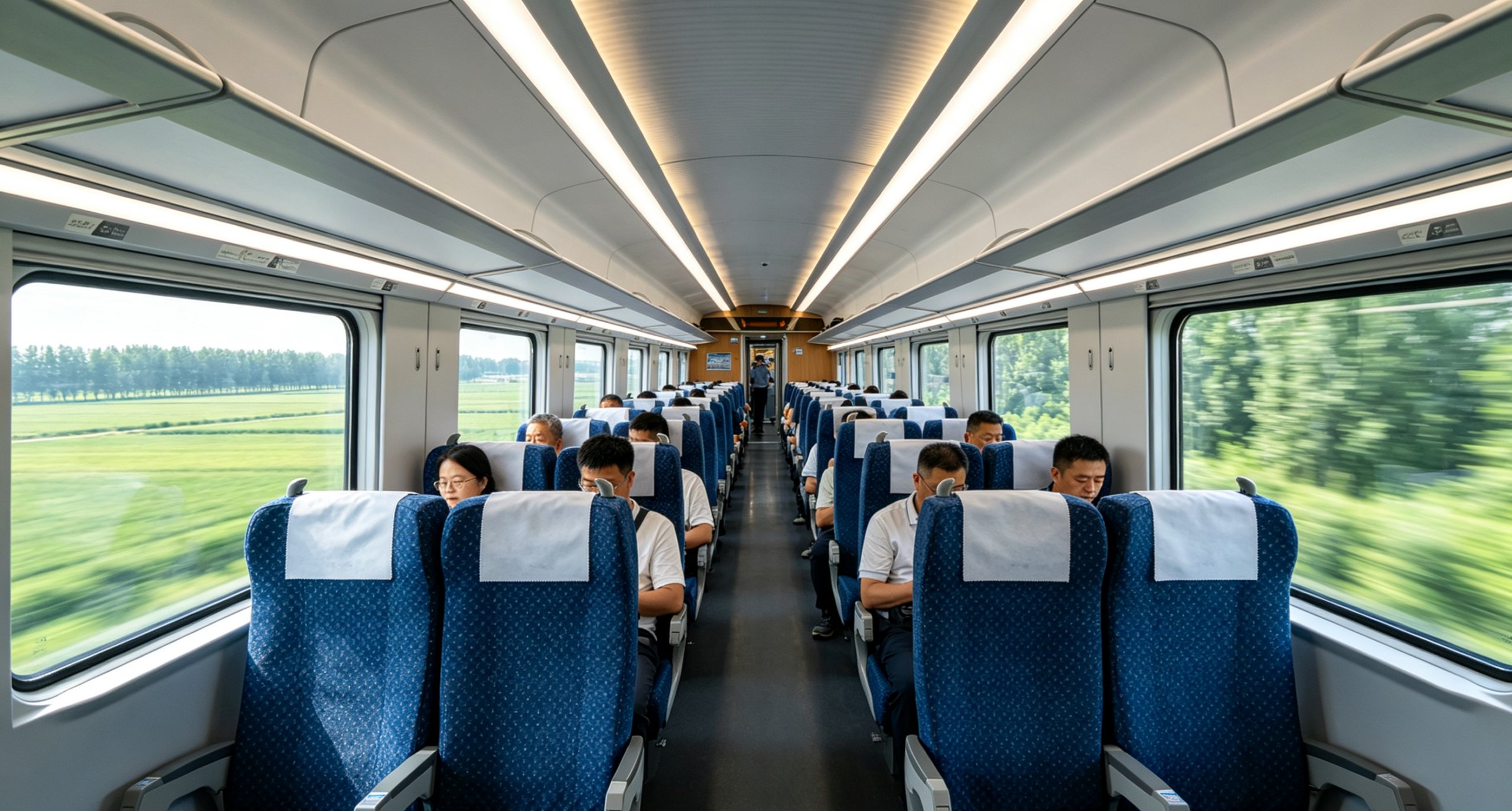 China high-speed train second class interior — blue cloth seats in 2+3 layout, clean and spacious cabin