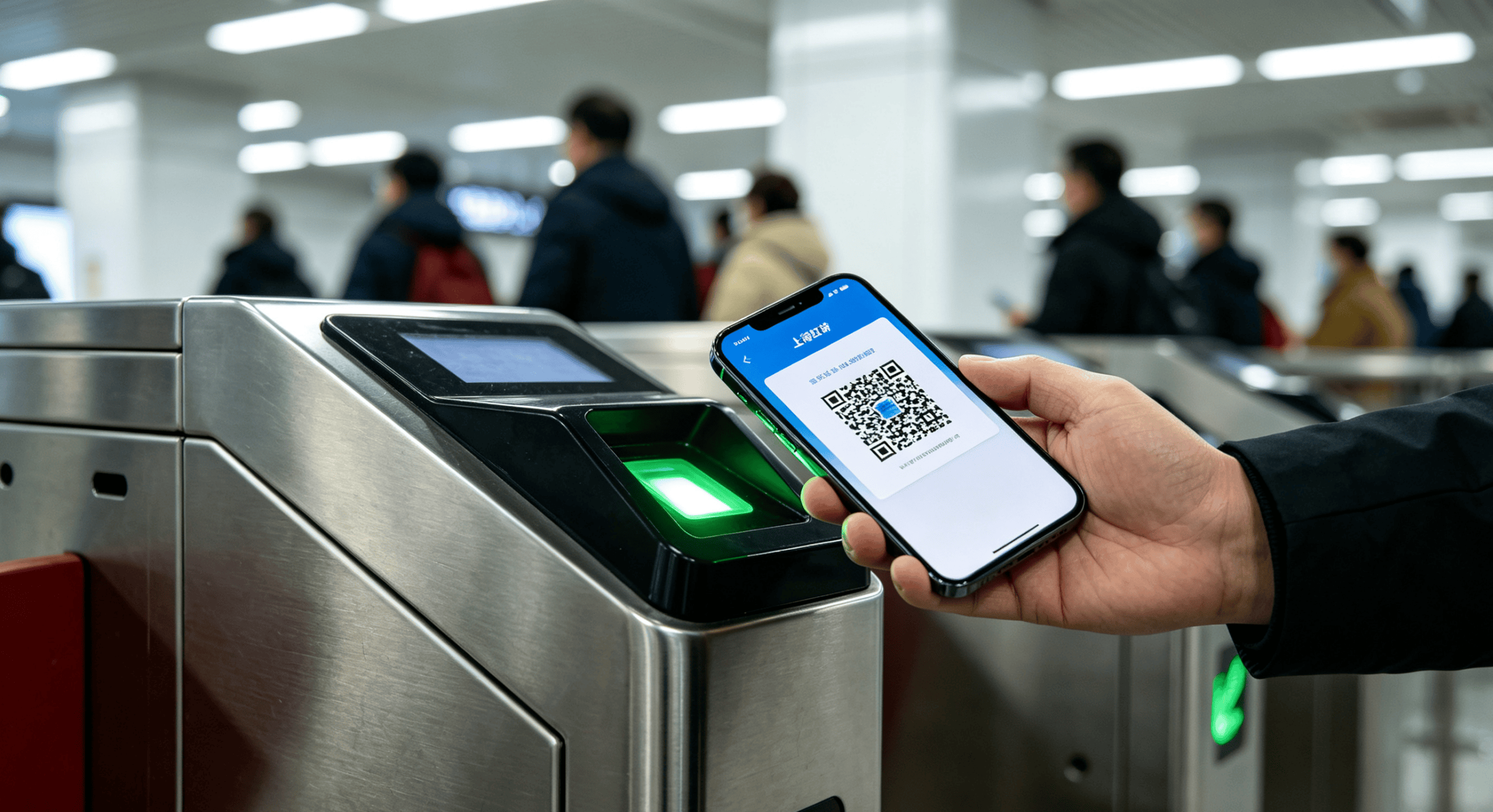 Subway and train station gate scanning — using Alipay transit QR code at Shanghai Hongqiao station