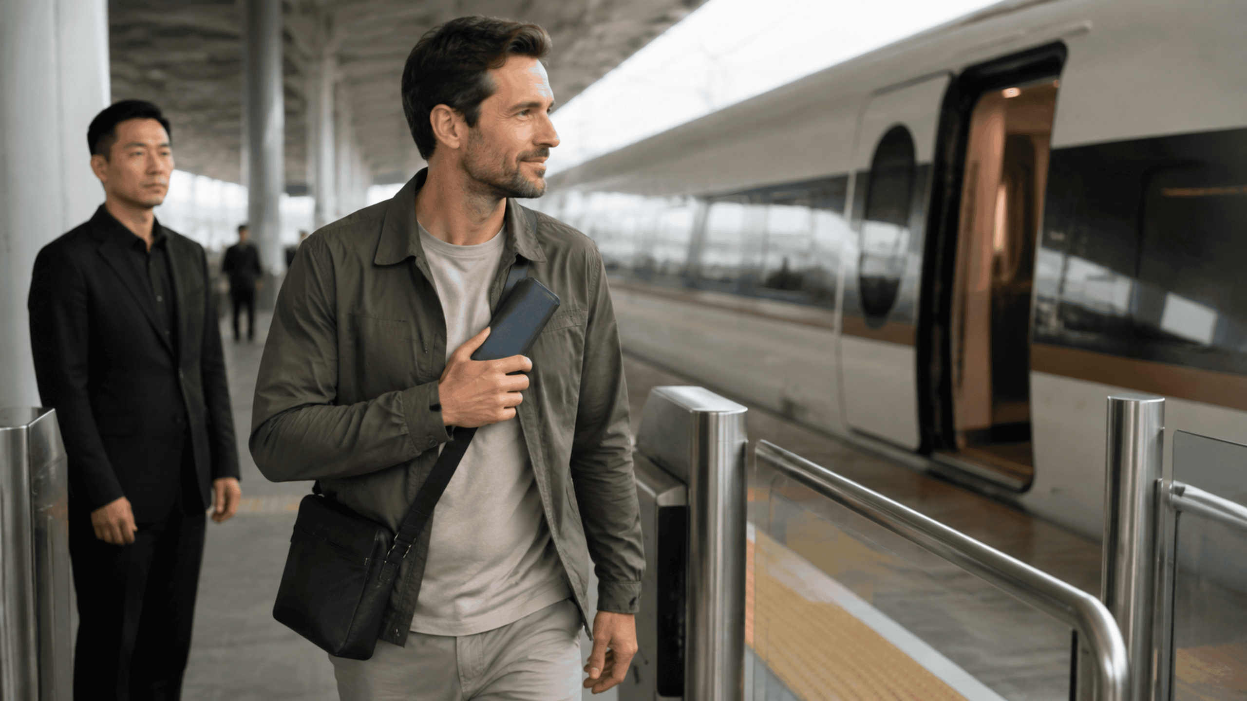 Traveler holding a closed travel document sleeve after passing a staffed high-speed rail gate