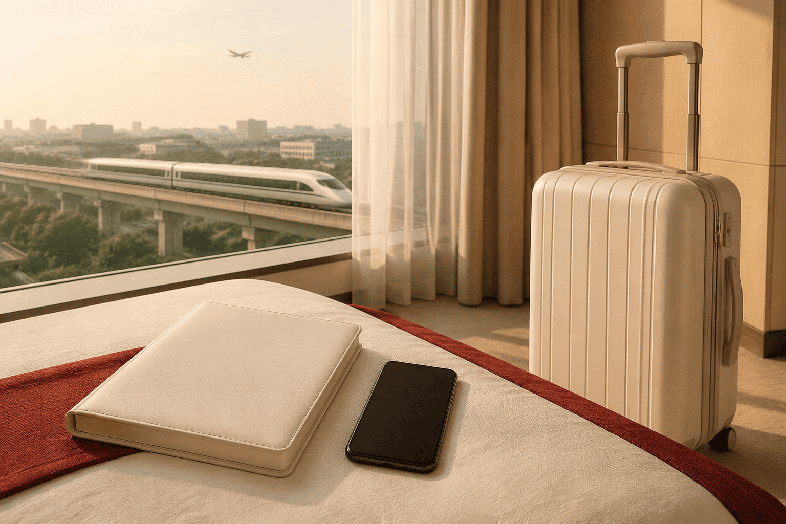 Closed travel folio, powered-off phone, carry-on, and high-speed train viewed from a China hotel room