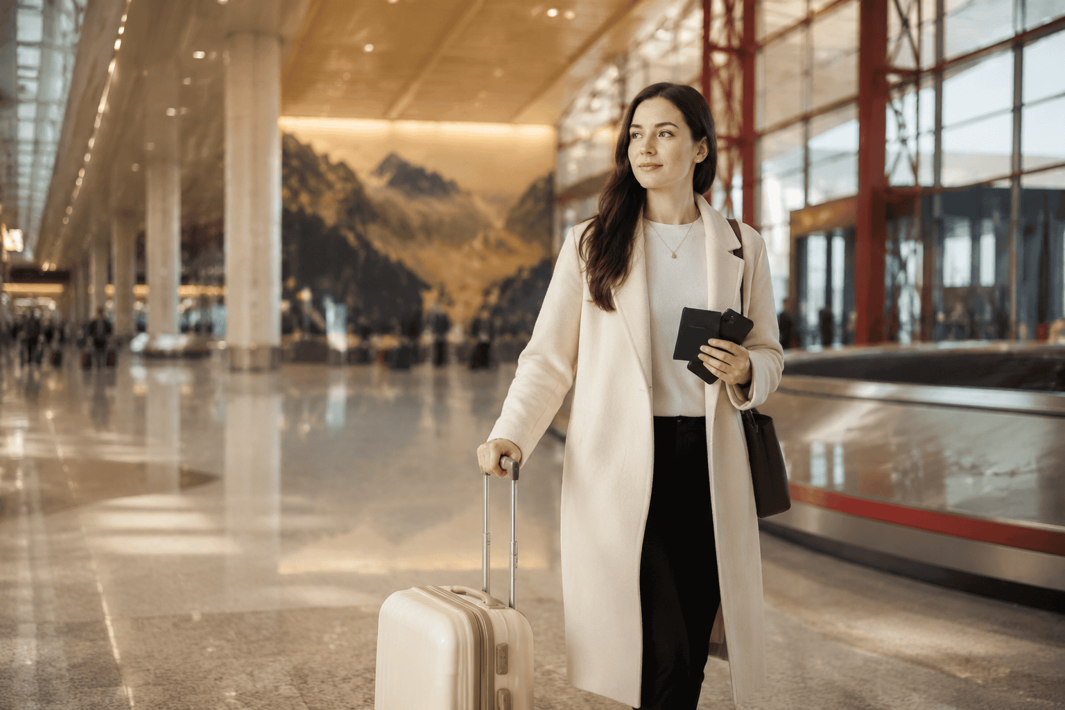First-time traveler walking through a modern international arrivals hall in China with a carry-on suitcase and closed passport folio