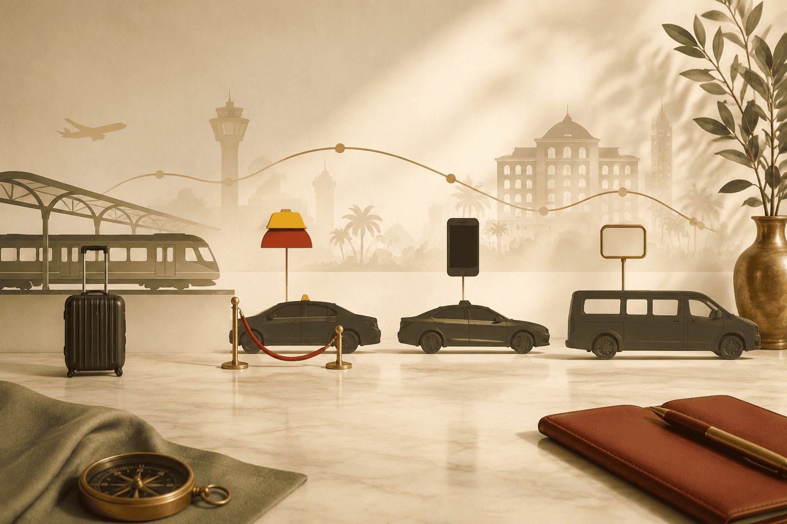 Abstract airport transfer comparison with a metro train, taxi queue, unbranded car, and hotel transfer van