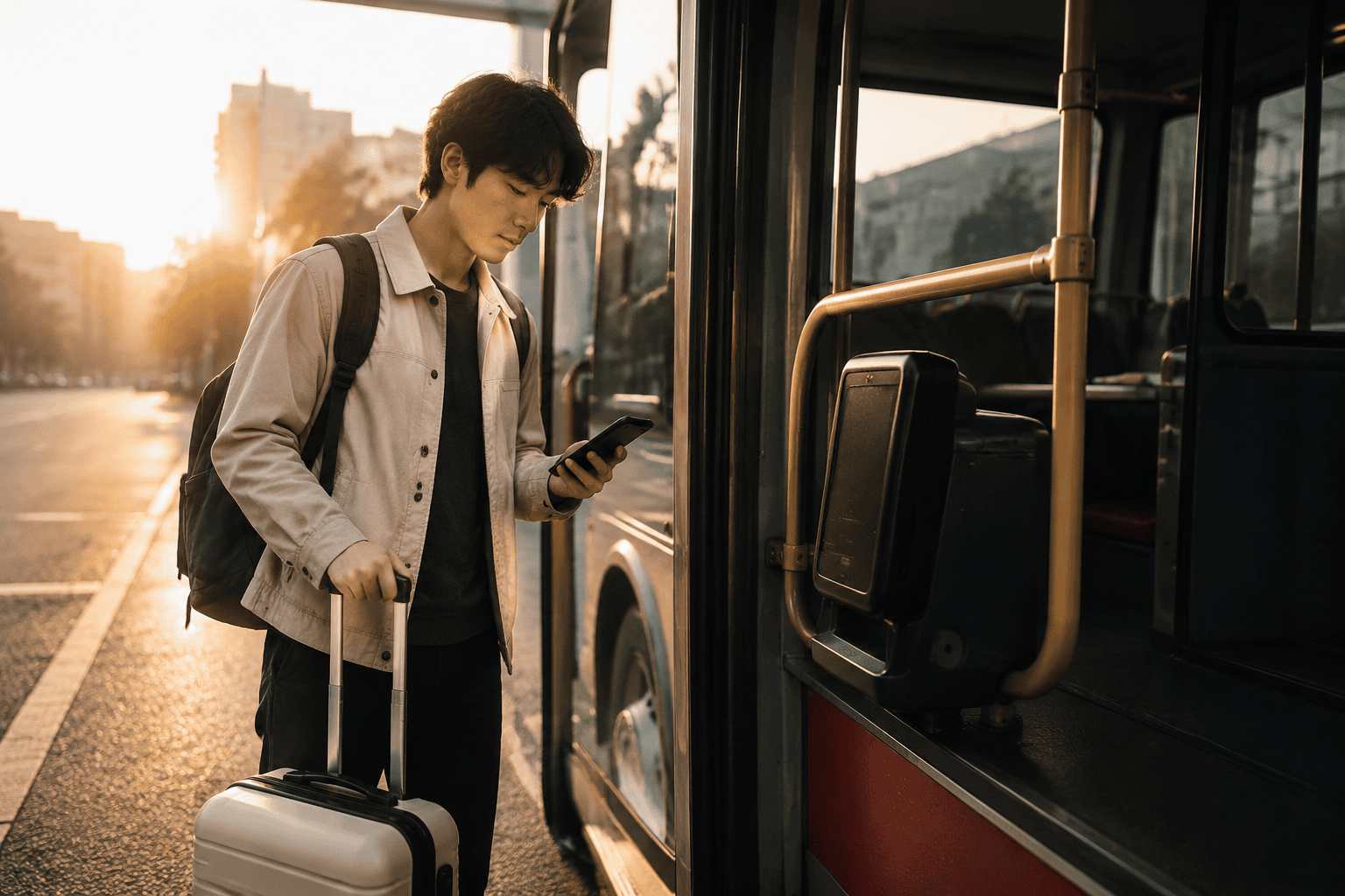 Traveler near a generic city bus door checking a black screen-off phone while a fare-reader device is visible