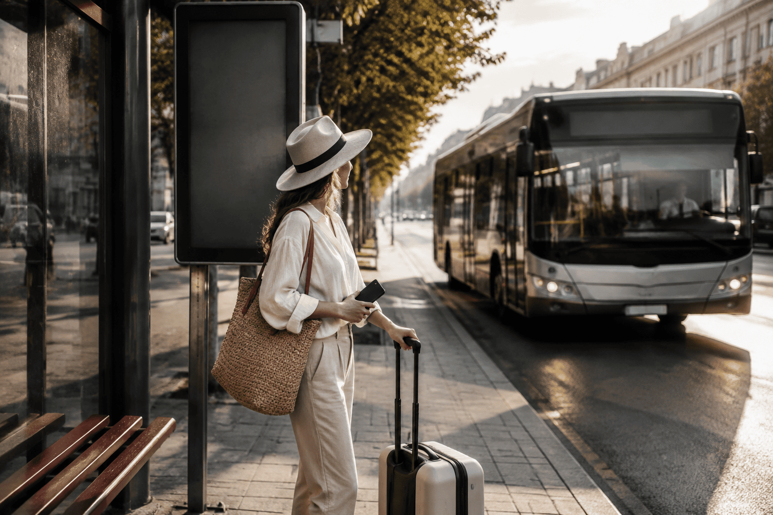 Traveler beside a small suitcase at a generic modern city bus stop with a blank route display