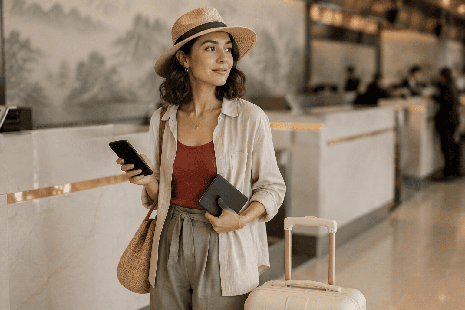 Foreign traveler preparing for a China domestic flight with a closed passport wallet and black-screen phone