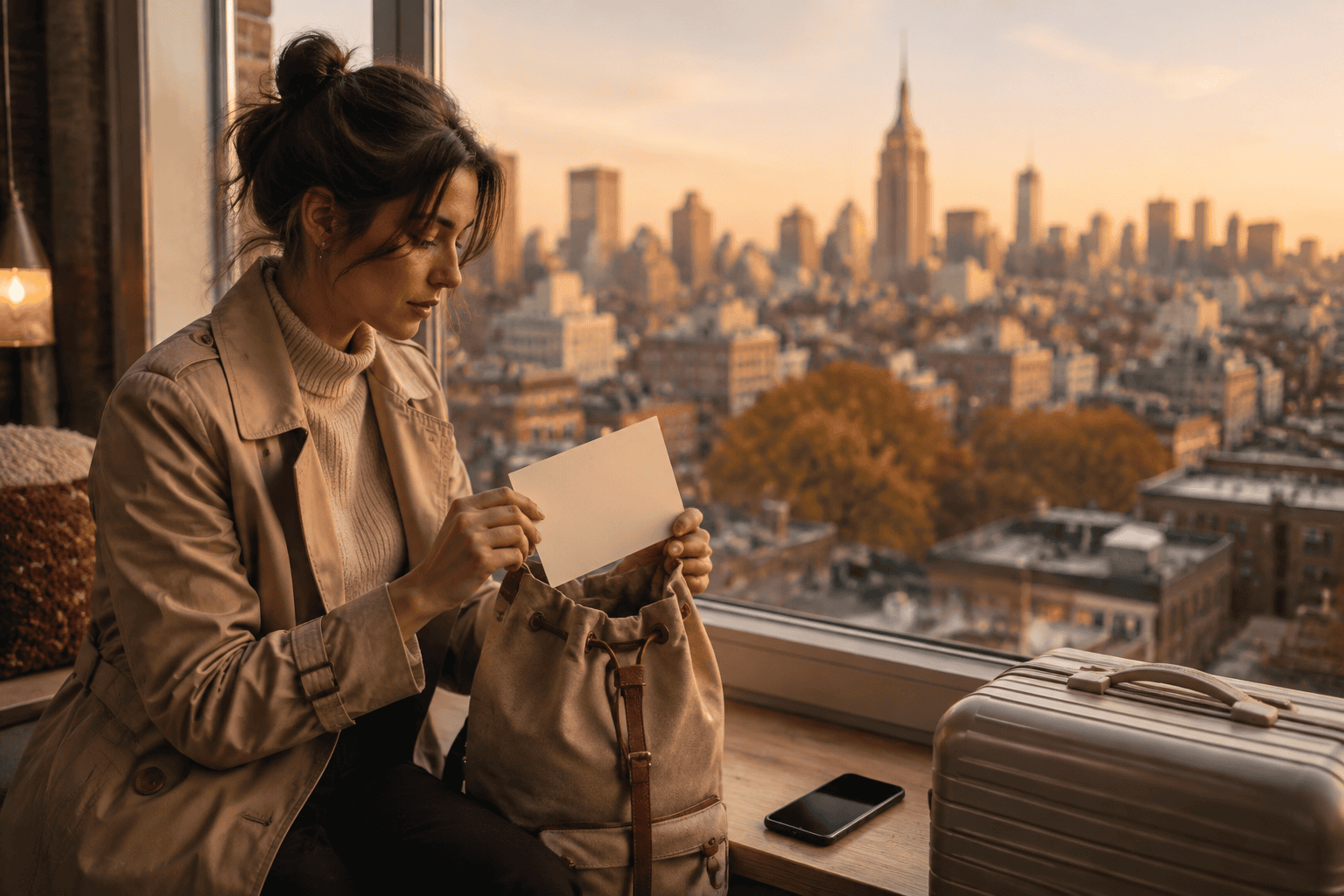 Traveler organizing a blank itinerary card, closed phone, and small suitcase beside a city window
