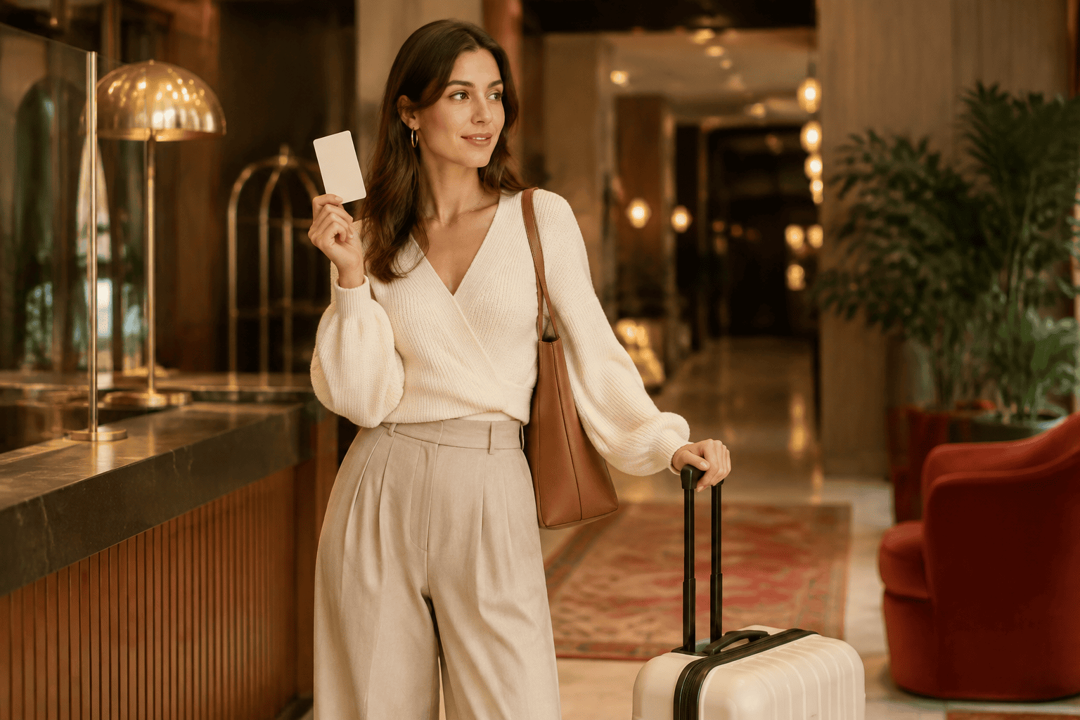 Traveler beside a small neutral suitcase holding a blank cream card in a warm modern interior