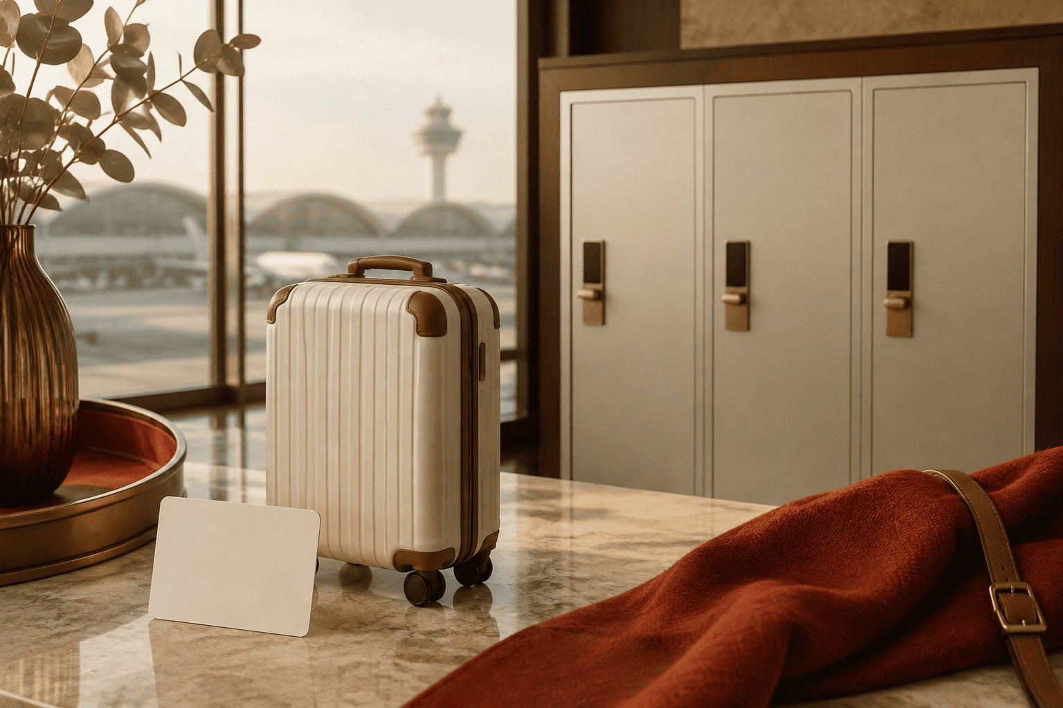 Abstract travel storage decision scene with a hotel key card, small suitcase, airport building and blank locker doors