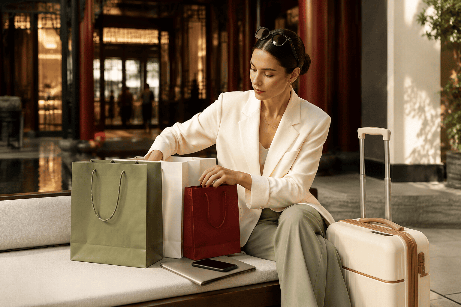 Traveler organizing shopping bags beside a plain document folder, smartphone, and ivory carry-on