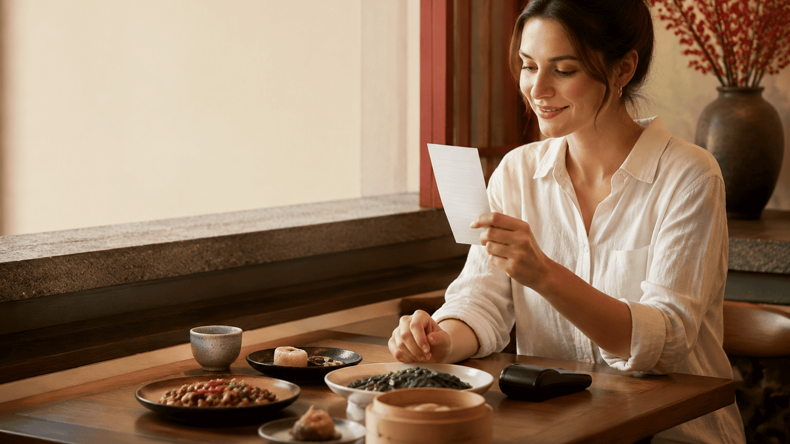 U.S. traveler reviewing a blank restaurant receipt at a China dining table with tea and shared dishes