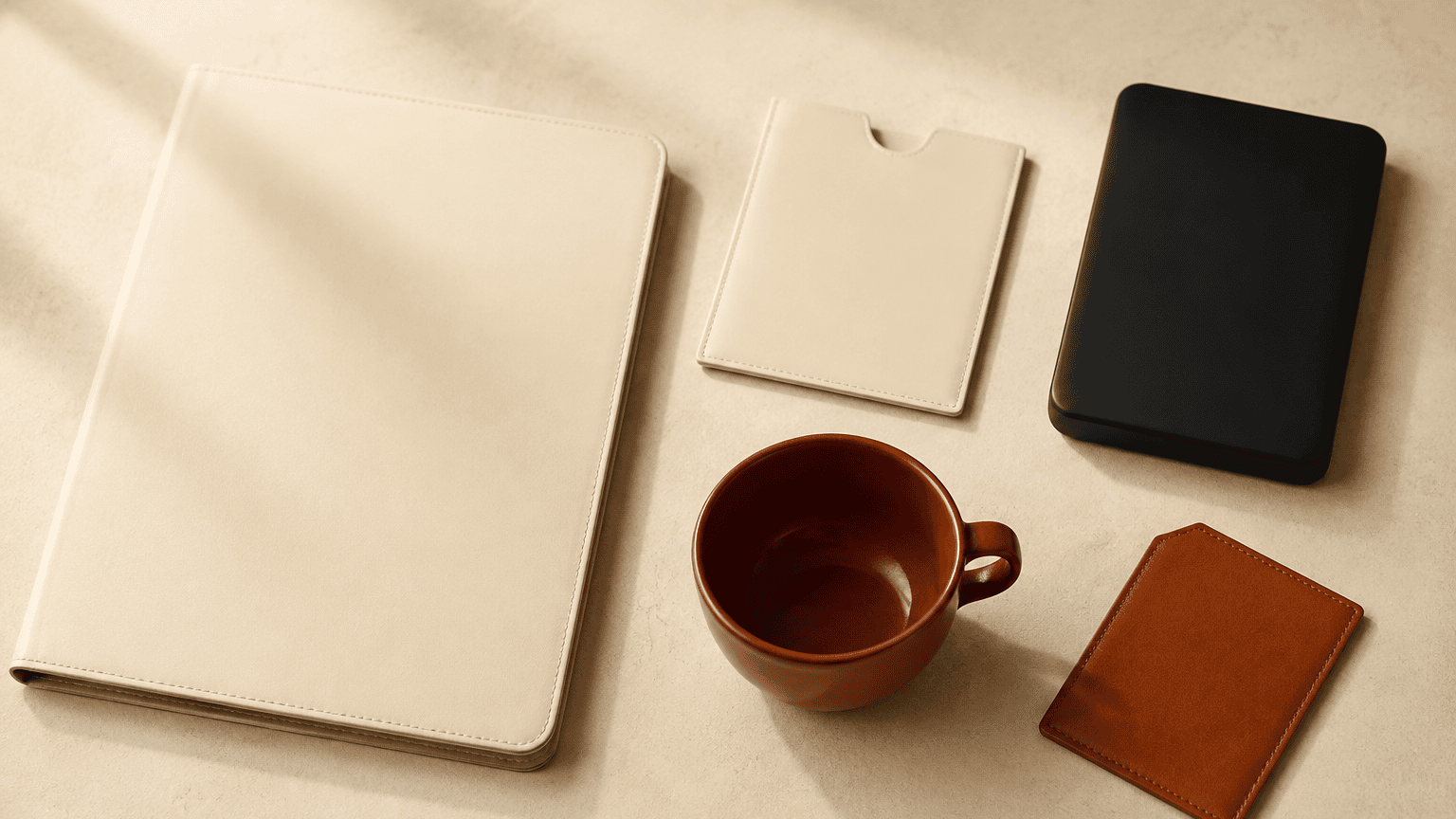 Travel service terms check still life with blank booking folder, hotel key sleeve, payment device, tea cup, and luggage tag