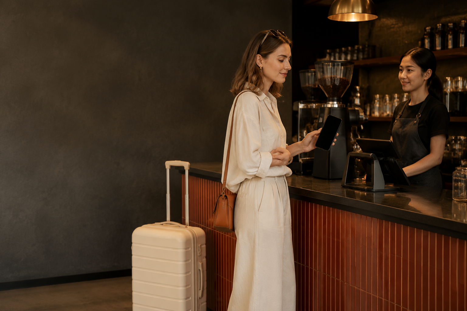 Traveler holding a black-screen phone at a modern café checkout with an ivory carry-on suitcase