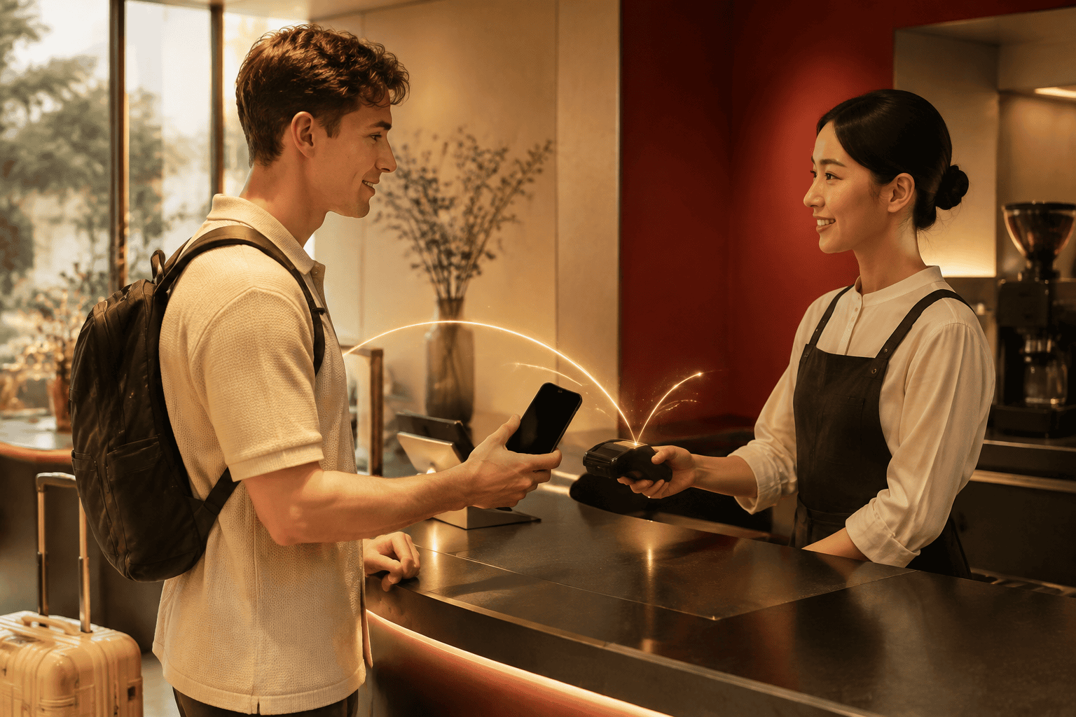 Traveler and café merchant with a black-screen phone, unbranded scanner and abstract gold connection light