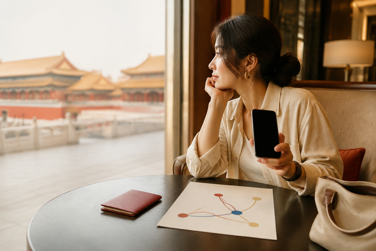 Traveler planning Beijing attractions at a hotel table with a black-screen phone and closed passport wallet
