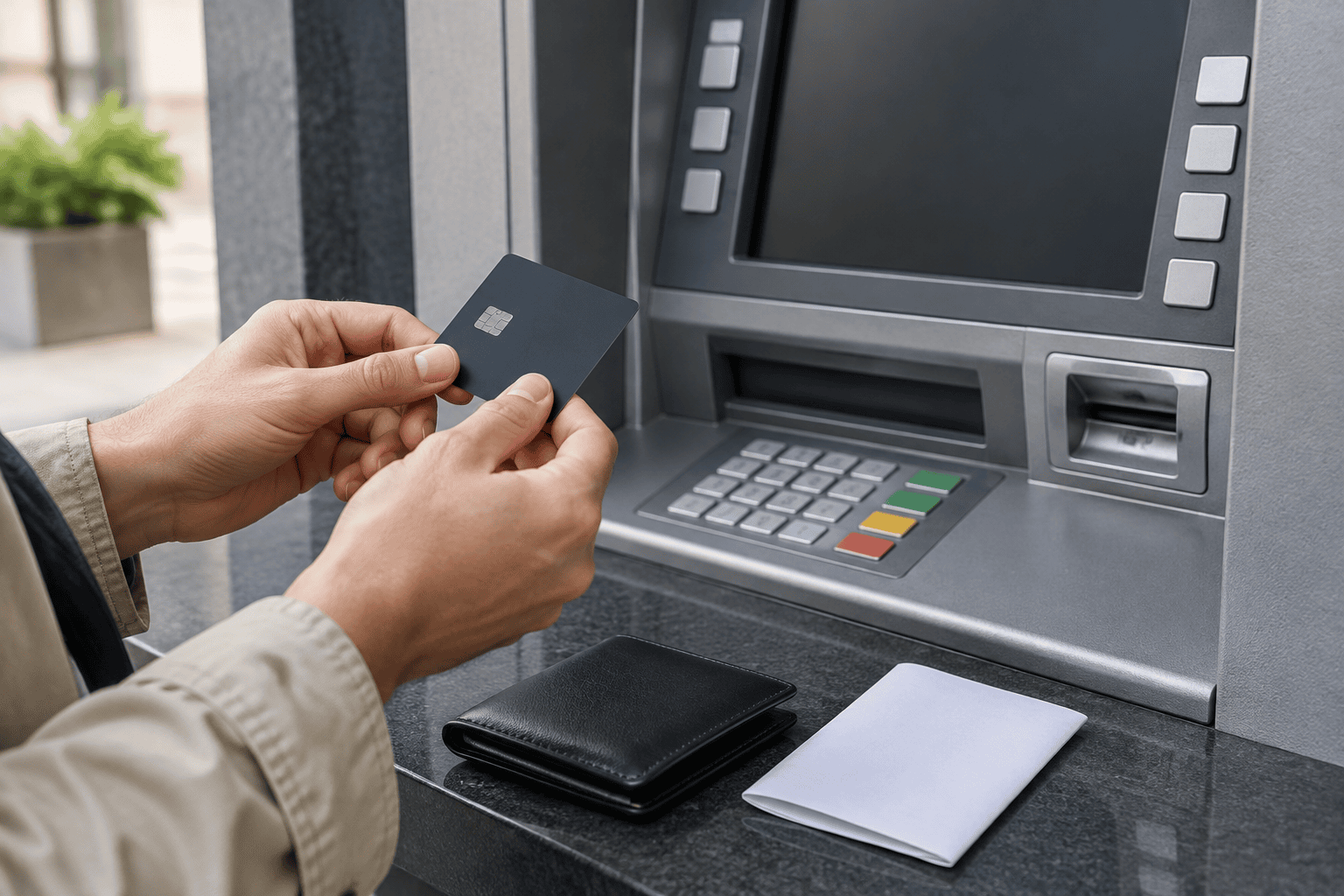 Two hands hold a dark chip card in front of an ATM with a blank screen and keypad; a black wallet and folded white paper rest on the counter.