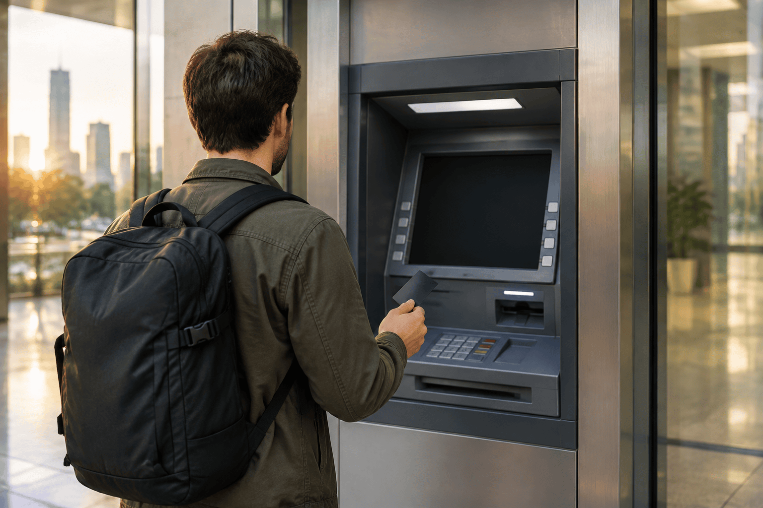 Traveler with a backpack holds a blank card at an ATM inside a sunlit glass building overlooking a city skyline.