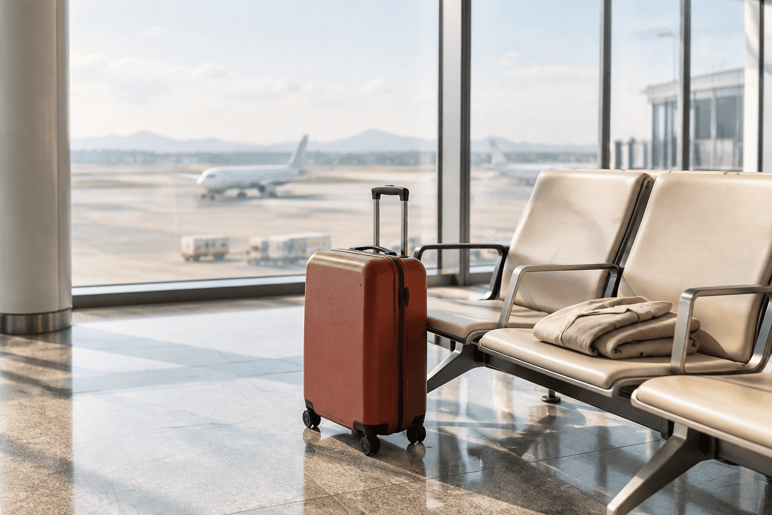 Red suitcase beside seats in an airport waiting area.
