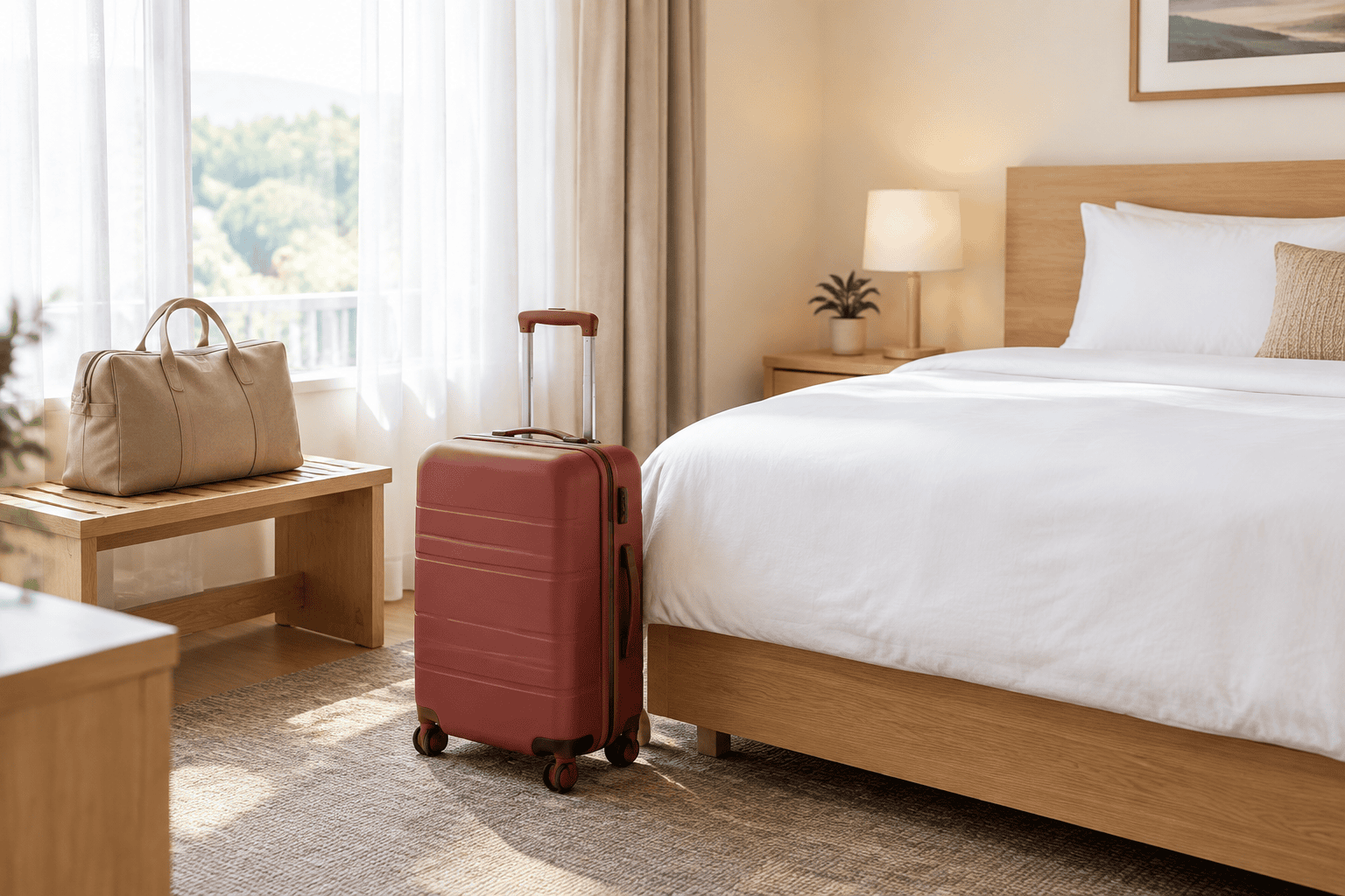Suitcase beside a bed in a bright hotel room.