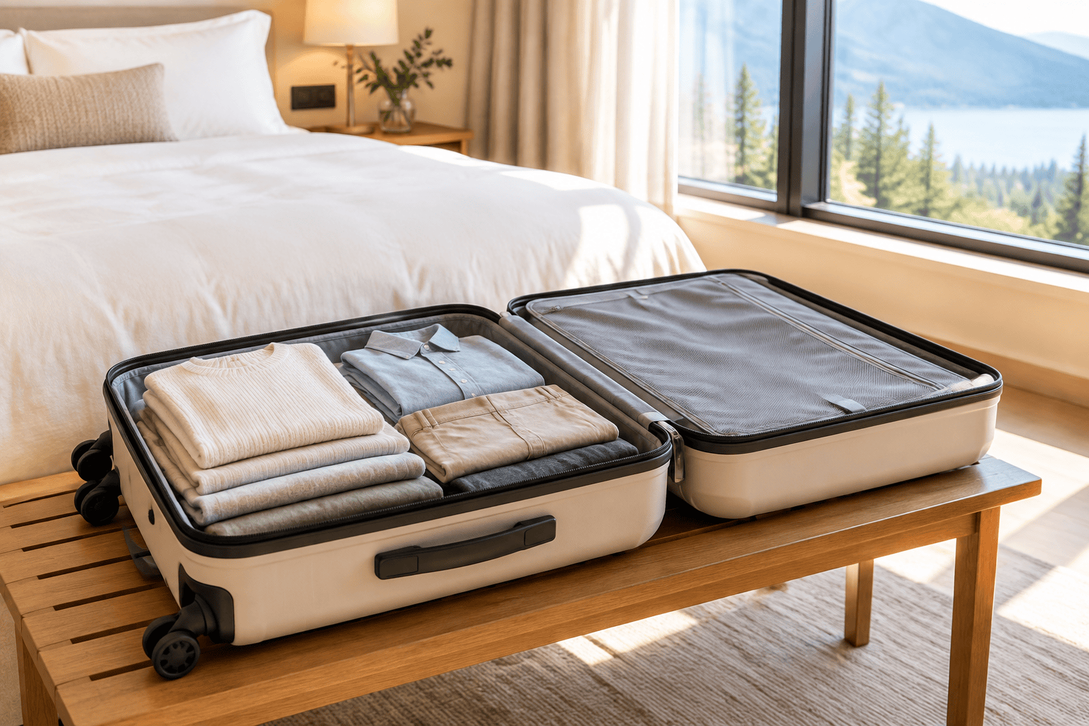 Open suitcase with folded clothes in a hotel room.