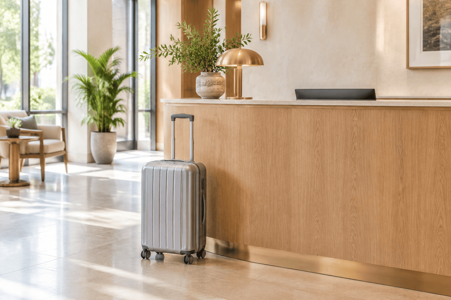 Suitcase beside a hotel reception counter.