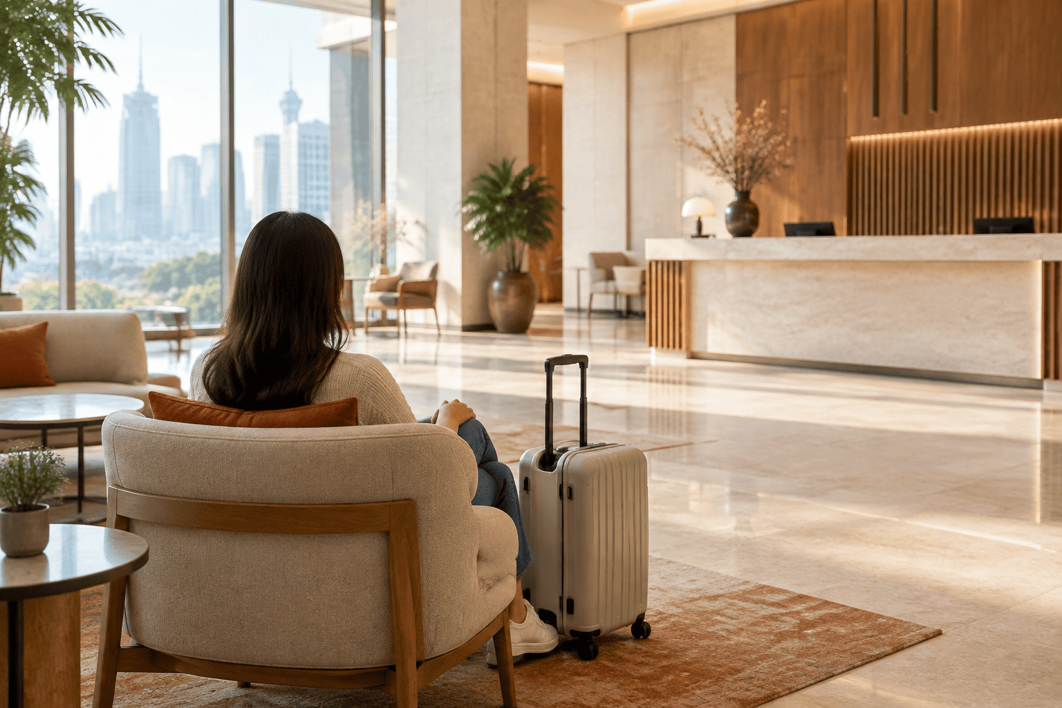 Person seated in a lounge chair beside a rolling suitcase in a bright lobby.