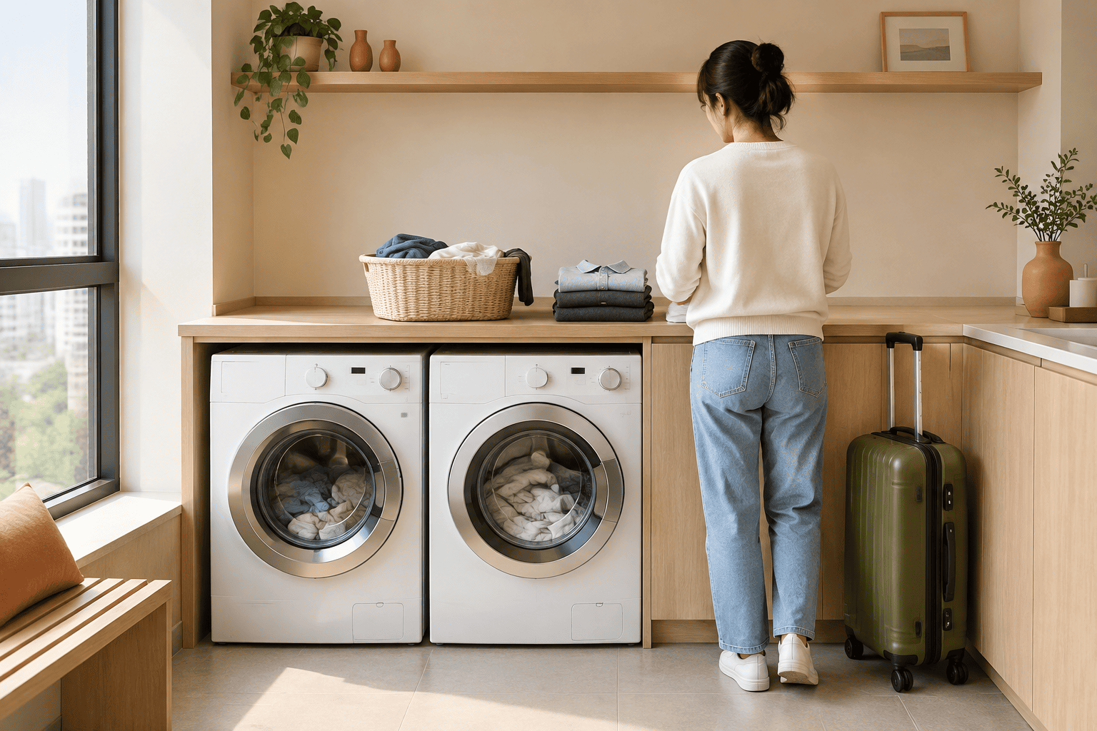 Person seen from behind beside two front-loading laundry appliances, folded clothes, and a wheeled suitcase.