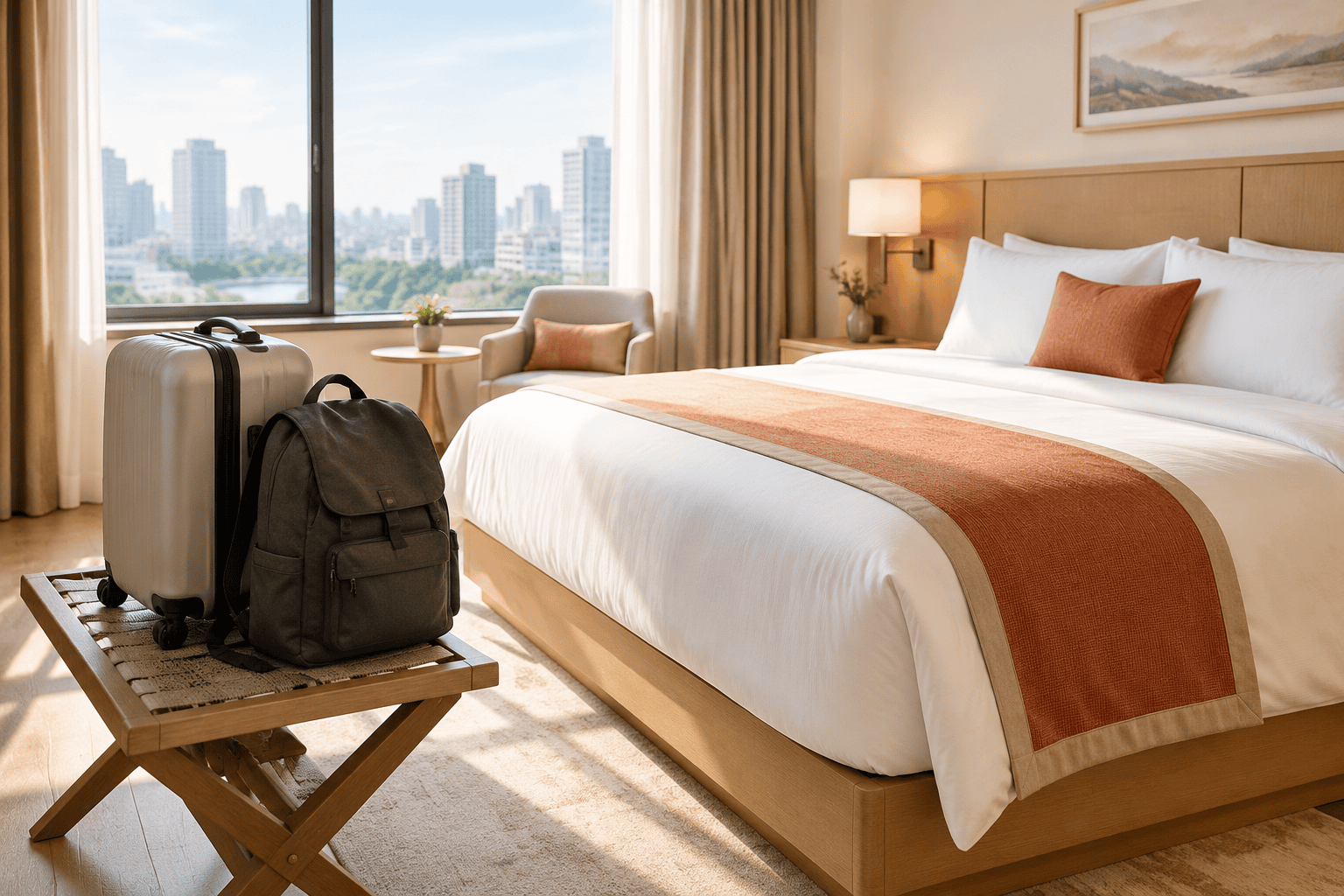 Made bed beside a window, with a suitcase and backpack on a luggage bench.