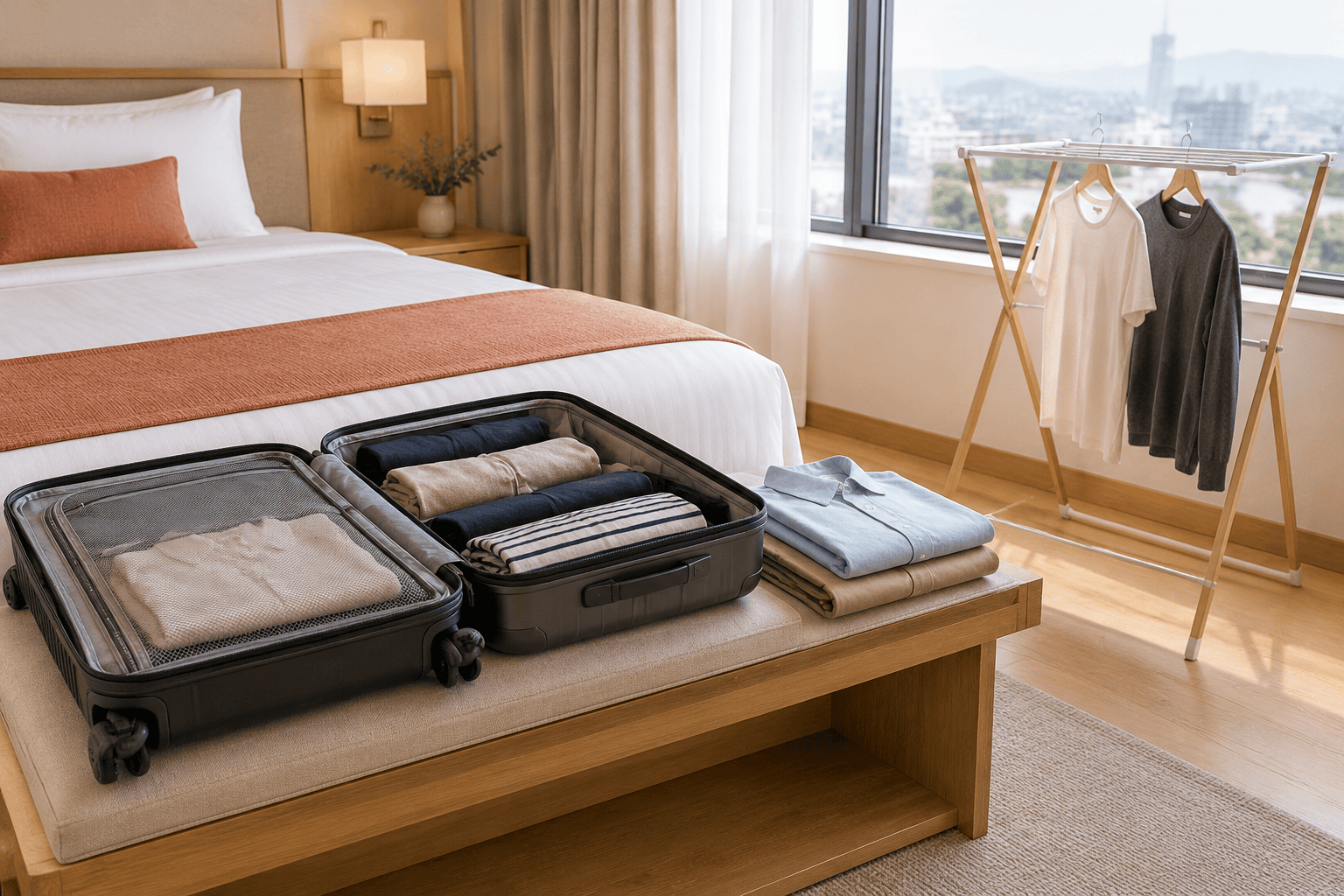 Folded clothes and an open suitcase beside garments hanging on a drying rack.