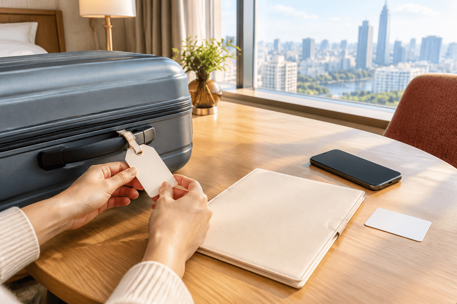 Hands attach a blank luggage tag to a dark gray suitcase on a wooden table beside a closed cream folder, dark-screen phone, and blank white card, with a bright city-view window behind.