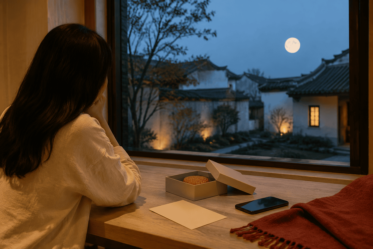Person seen from behind beside a window at dusk, looking over a traditional tiled courtyard beneath a full moon; an unbranded mooncake box, blank card, closed smartphone, and red blanket sit on the wooden table.