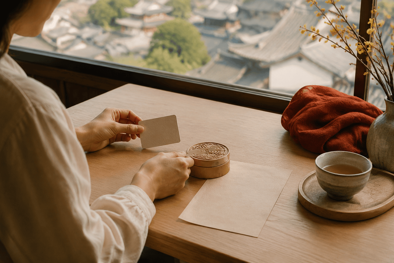 Person at a wooden table by a window holds a blank card near a small carved wooden object, with blank paper, tea, a vase of blossoms, and a blurred traditional townscape outside.
