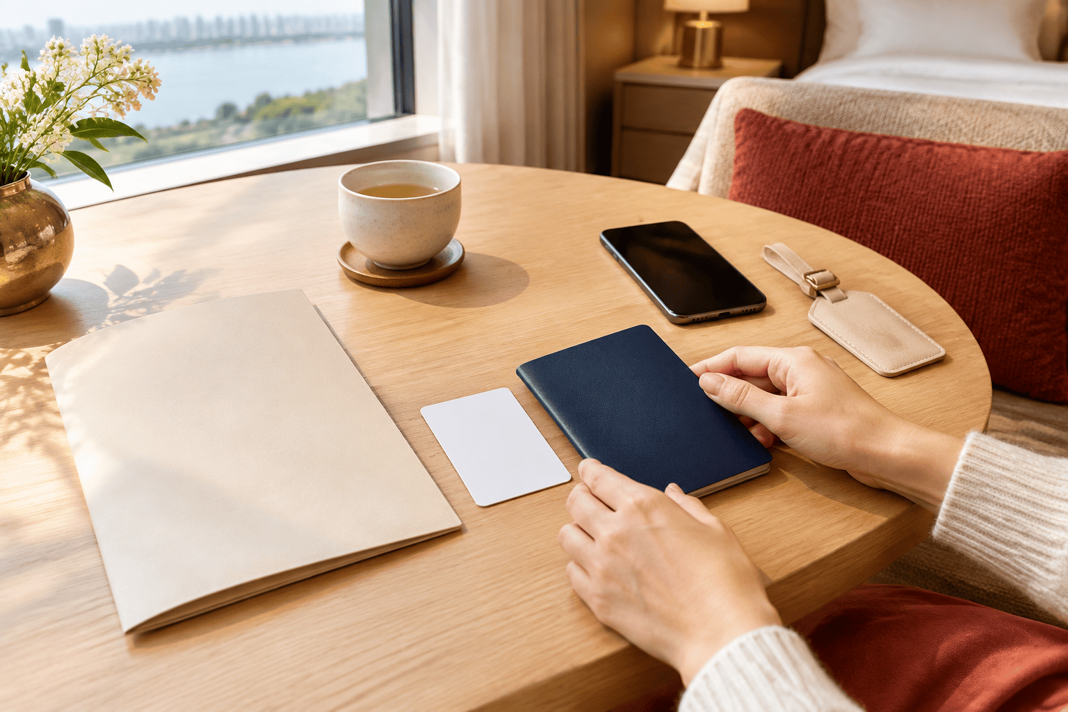 Two hands hold a closed dark navy booklet over a wooden table beside a blank white card and blank light-colored folder; a dark-screen phone, beige luggage tag, cup on a saucer, flower vase, and sunlit bedroom are also visible.
