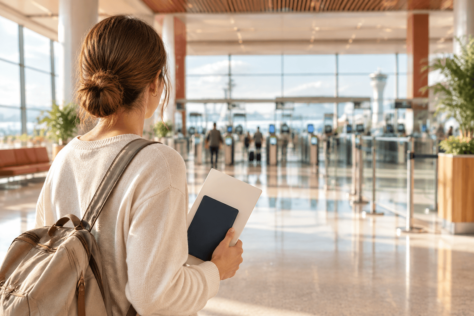 Back-view traveler with a backpack holding a dark booklet and blank folder in a bright terminal with generic gates.