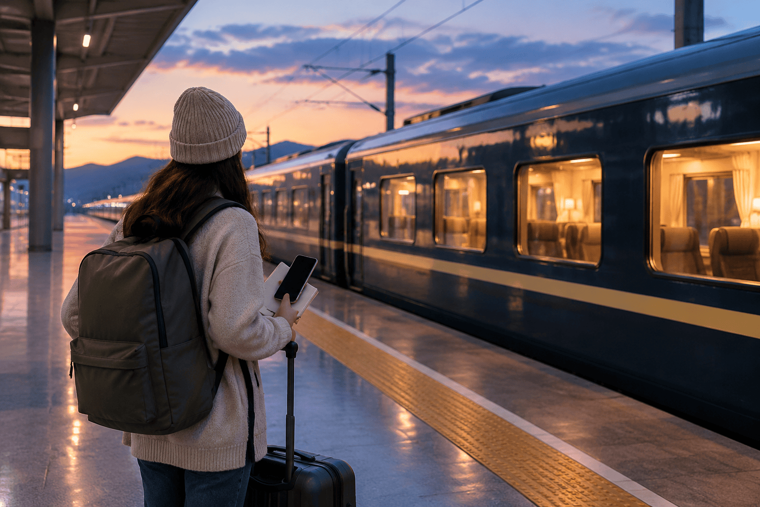 Traveler seen from behind with a plain backpack and rolling suitcase on a covered railway platform beside a modern illuminated passenger train at sunset, holding a black-screen phone and blank notebook, with mountains in the background.