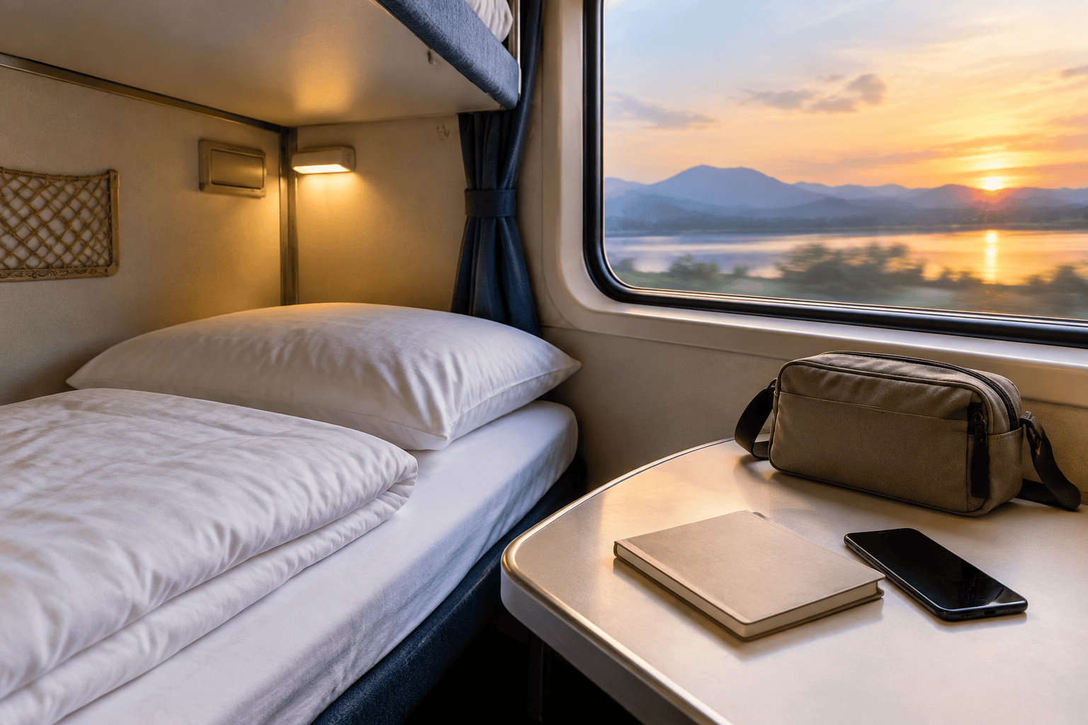 Horizontal editorial photograph of a generic sleeper-train compartment with white bedding, a blue upper berth, a blank notebook, black-screen phone, plain shoulder bag, and sunset mountains visible through the window.