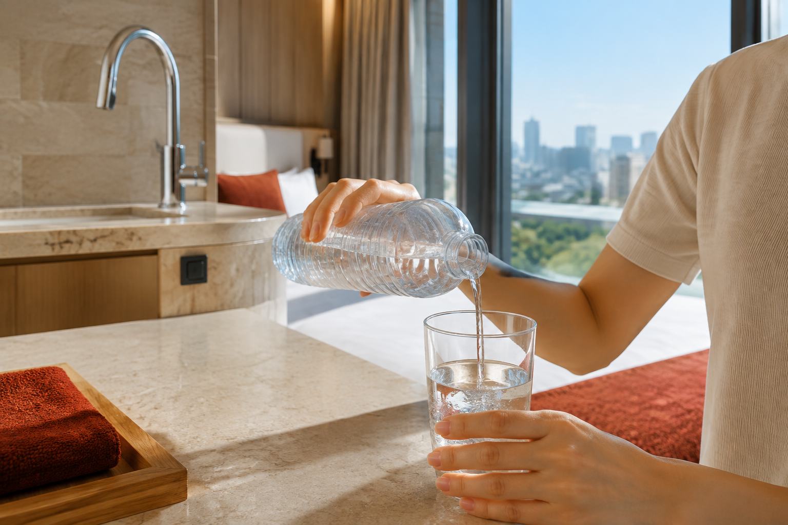 Cropped person pours clear liquid from a transparent ridged bottle into a clear drinking glass on a stone countertop in a bright room