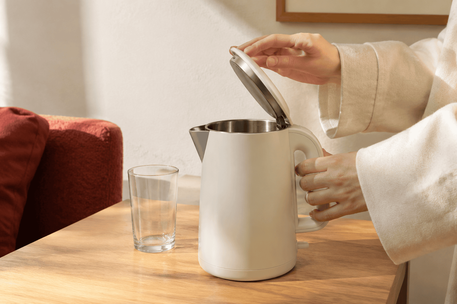 Cropped hands lift the lid of a white kettle beside an empty clear glass on a wooden table in a bright room