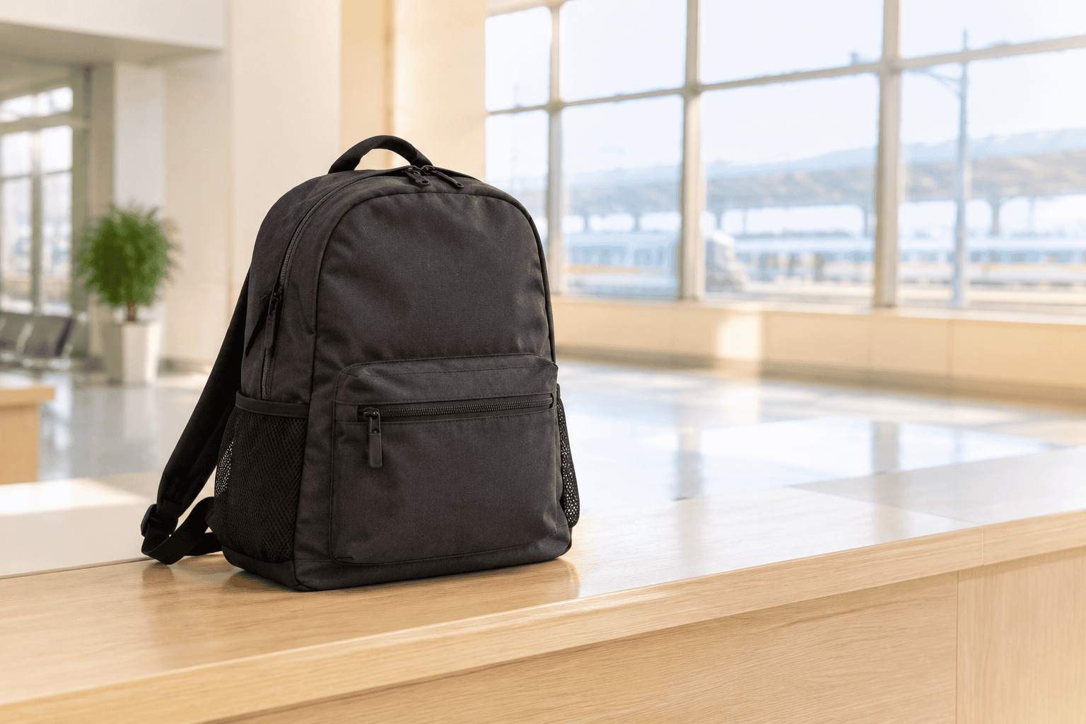 Backpack on a counter in a bright indoor service area.