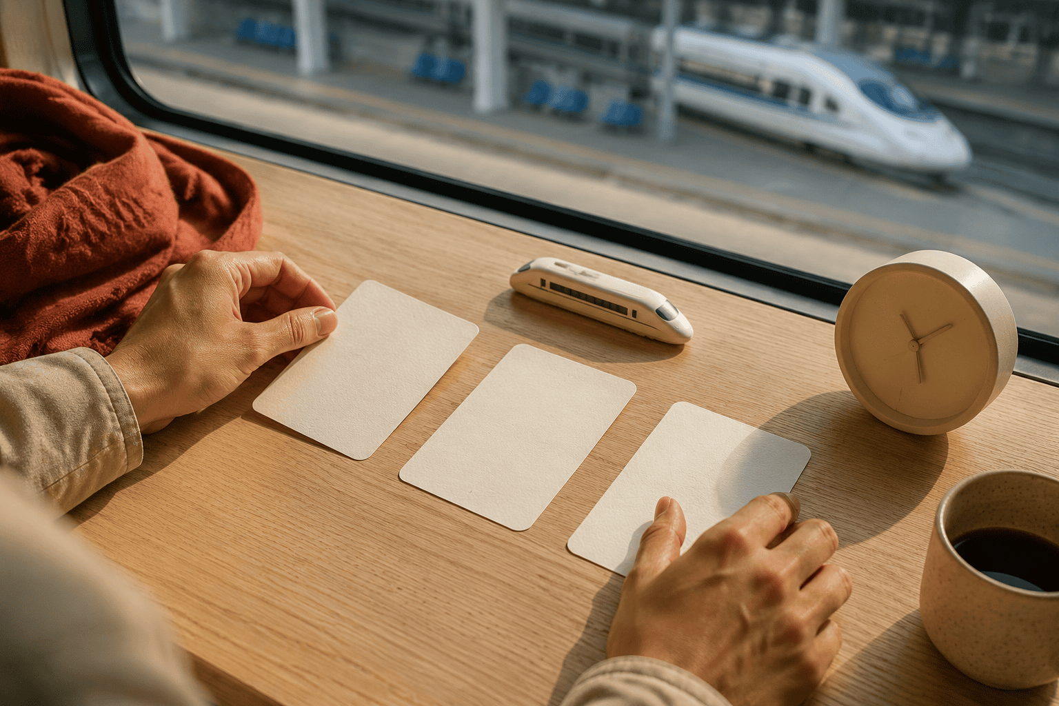 Two hands arrange three blank cards on a wooden train table beside a small model train, plain clock, coffee cup, and a blurred white train outside the window.