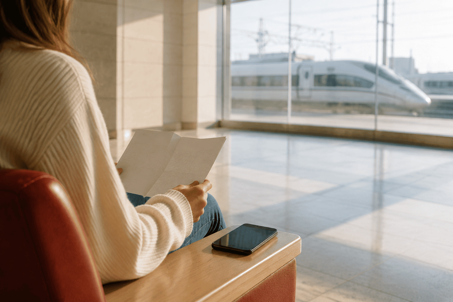 Faceless traveler holding an open blank-looking paper beside an inactive phone, with a blurred high-speed train visible through a station window.