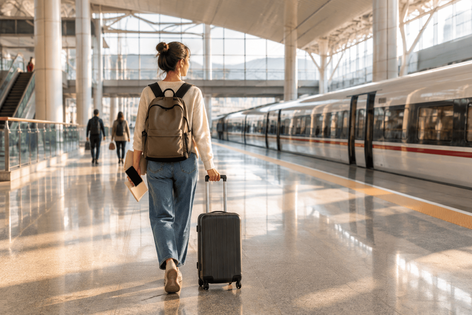 Traveler seen from behind walking through a bright modern train station beside a passenger train, carrying a backpack, pulling a black suitcase, and holding a black-screen phone and blank notebook.
