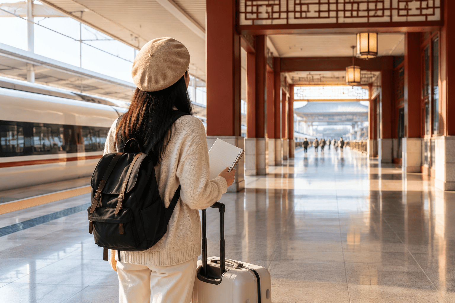 Traveler seen from behind pulling a light suitcase and holding a blank lined notebook in a bright railway station, with a white train on the left and red traditional-style arches and lanterns lining the concourse.