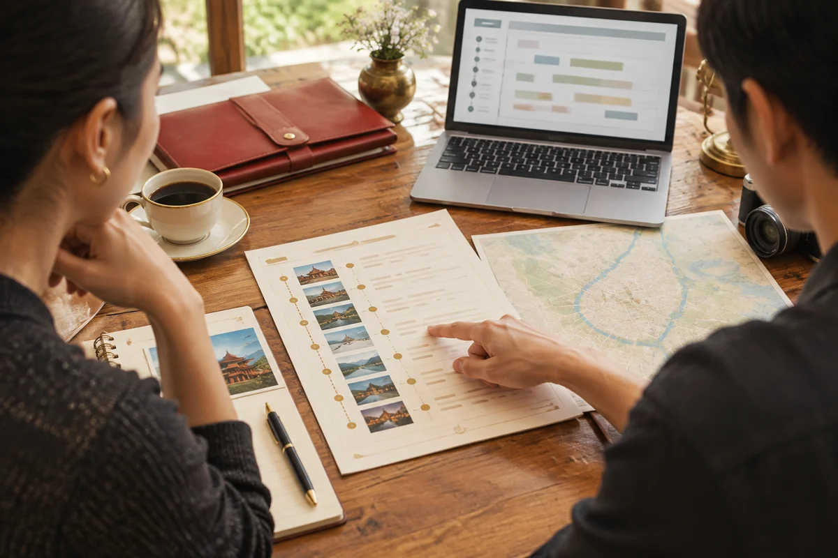 Reviewing a custom China itinerary Two travelers reviewing a printed itinerary beside a map and laptop