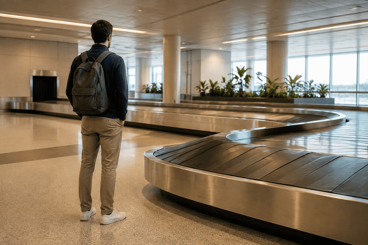 Person wearing a backpack beside an empty airport baggage carousel.