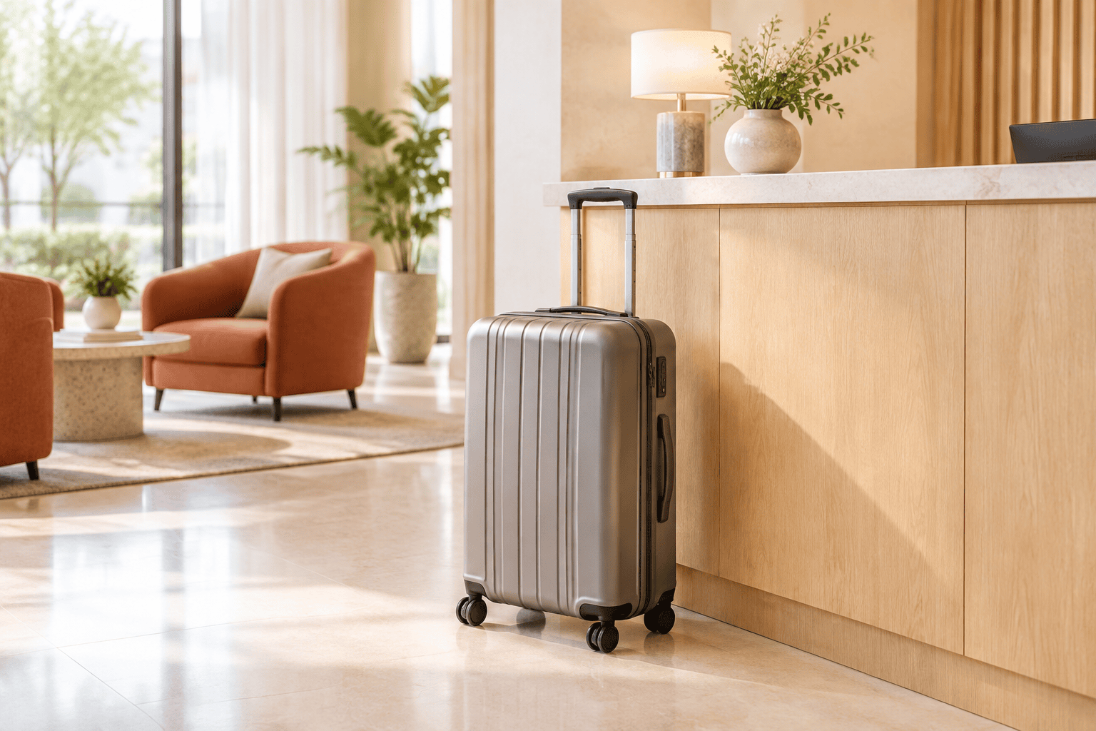 Suitcase beside a hotel reception counter.