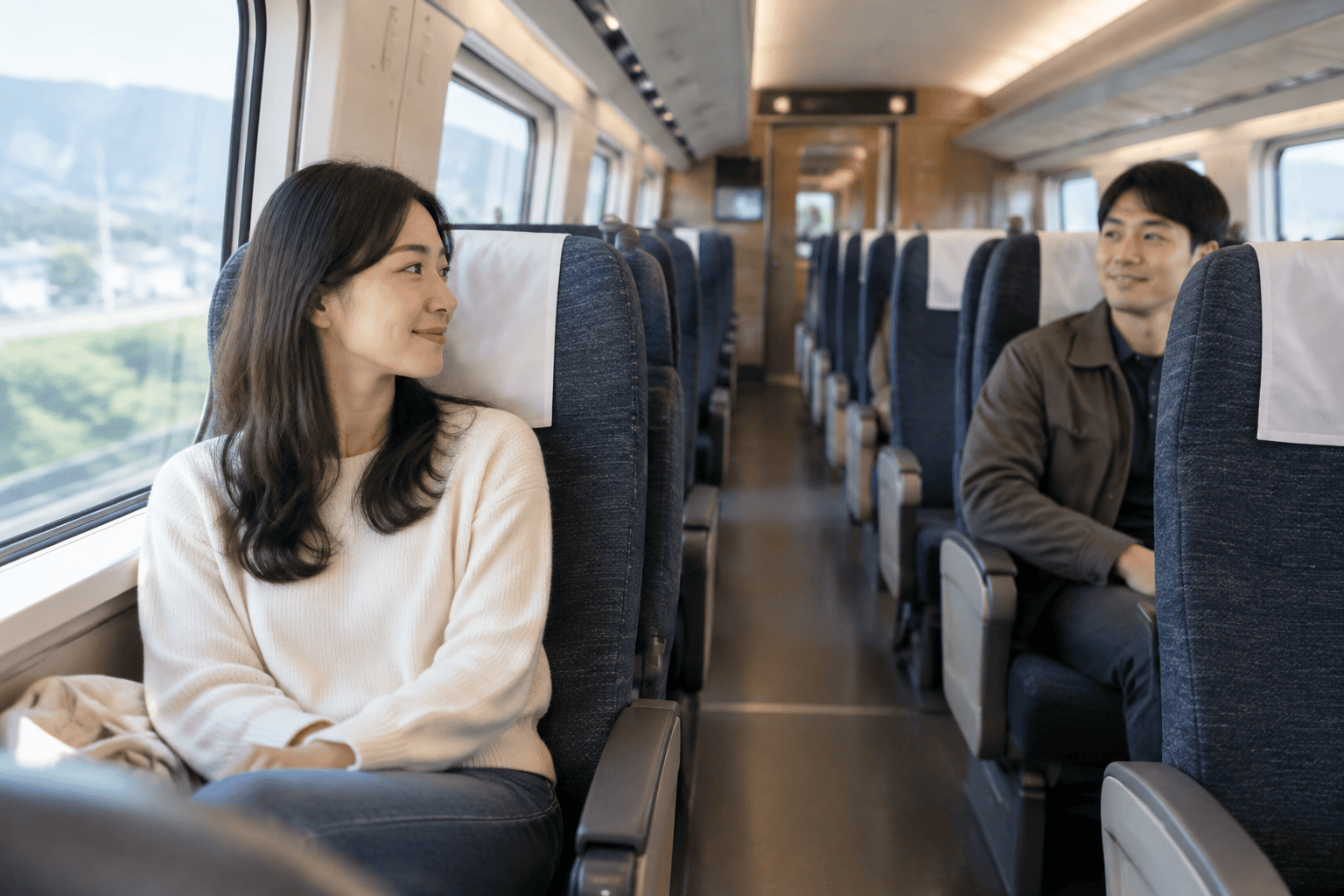 Travelers Seated Apart on a China Train Two passengers sit apart across the aisle in a modern train cabin.