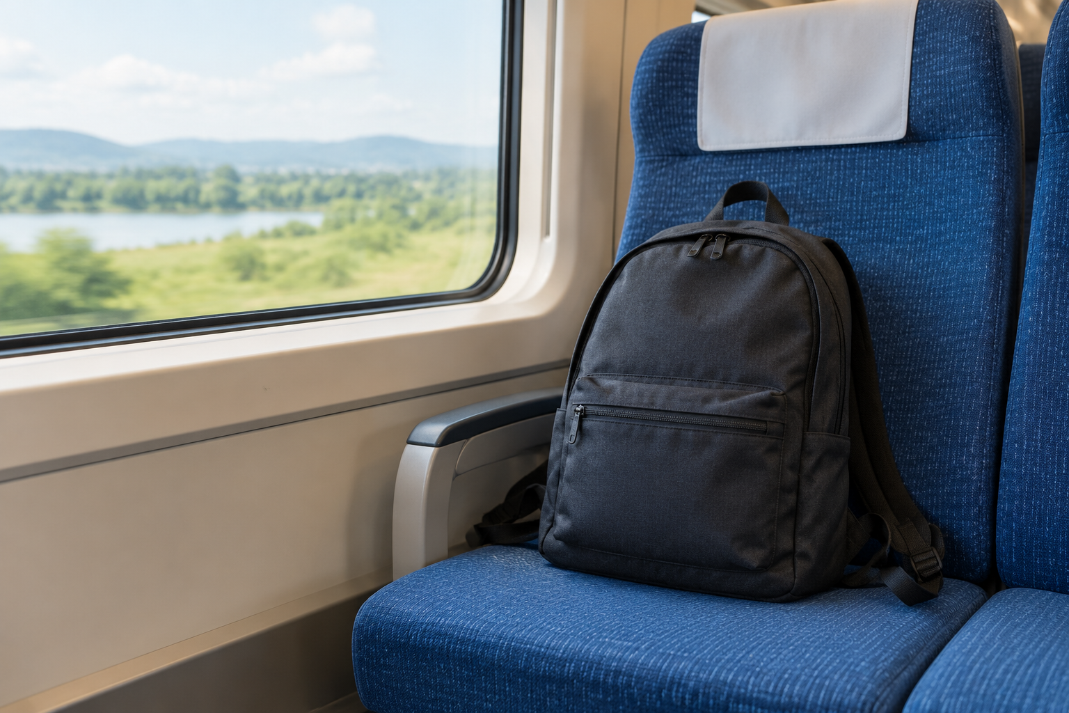 Backpack on a passenger train seat beside a window.